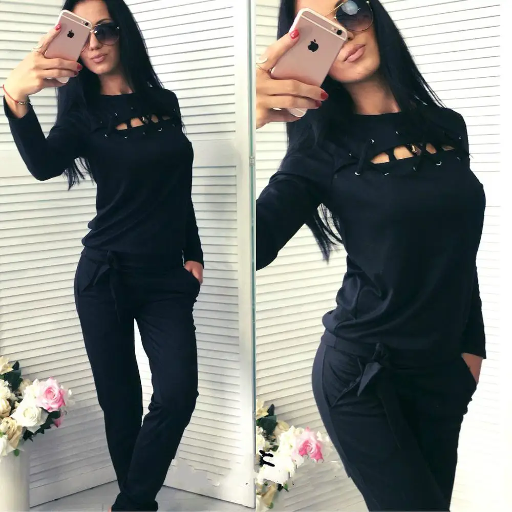 

2 Piece Set Women Sweatshirt Set Spring Autumn Winter Sportwear Solid Hollow out Tracksuit Set Casual Female Suit Sweatshirts