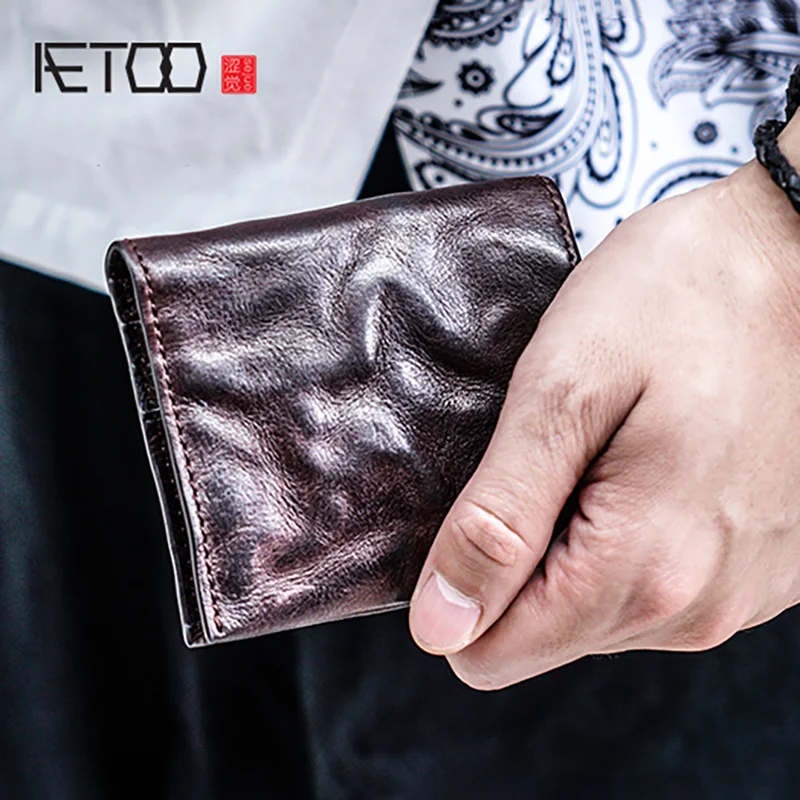 AETOO мужской Молодежный винтажный Ретро кошелек, мужской короткий кожаный складной кошелек, Ультратонкий маленький кошелек