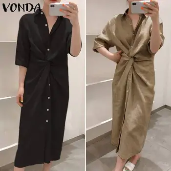 

Beach Sundress 2020 Women Sexy Turn Down Neck 3/4 Sleeve Solid Color Dress Casual Loose Bohemian Vestidos Femme Robe S-5XL