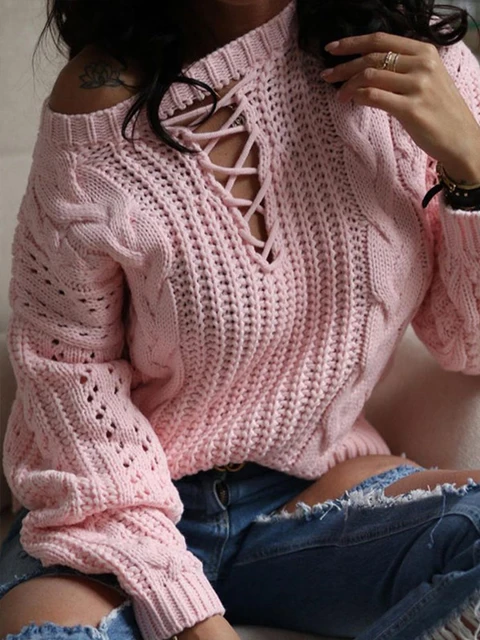 Shein Romwe Women's Sweater 2021 New Arrival Pullover Lace Up Front Chunky  Cable Knit Sweater Tops Pull Femme Jersey Mujer Warm|Pullovers| - AliExpress