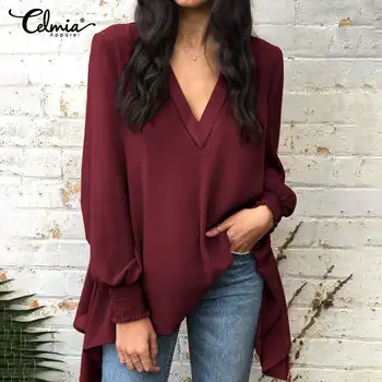 

Sexy V-neck Women's Blouses 2020 Celmia Spring Long Sleeve Asymmetrical Chiffon Shirts Plus Size Tops Casual Hollow Work Blusas