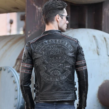 

Fry Street Lear lear!Head Layer Cowhide Collar Paragraphs Short Tide Male Lear Jacket Skull Embroidery Locomotive Suit