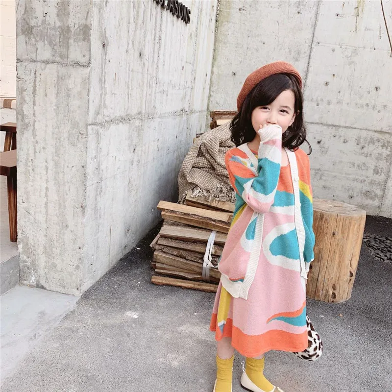 

2019 Spring&Autumn Brand Baby Girls Knitted Colorful Sweater Cardigan+Dress Kids Rita Scrawl Clothing Set for Girls Clothes