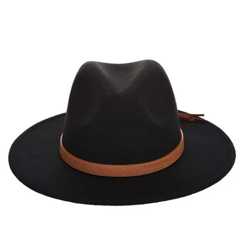 Черный Новая модная мужская шляпа Fedoras зима осень Имитация шерстяная Женская Дамская джазовая шляпа кожаный ремешок джентльмен с широкими полями шляпа Fedora панама - Цвет: Черный