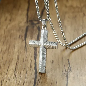 

Vnox Damascus Steel Cross Necklace Pendant Men Jewelry Natural Unique Pattern 24" Chain