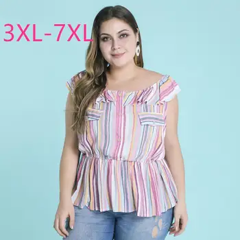 

2020 new summer plus size tops for women large sleeveless casual loose colorful stripe O neck short T-shirt 3XL 4XL 5XL 6XL 7XL