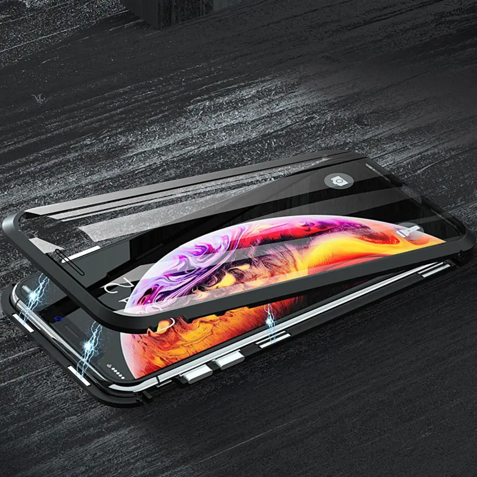 Black Для samsung A50 A30 A10 A60 A70 двухсторонний чехол из закаленного стекла для Galaxy A7 A9 Магнитный адсорбционный металлический чехол для телефона - Цвет: Black