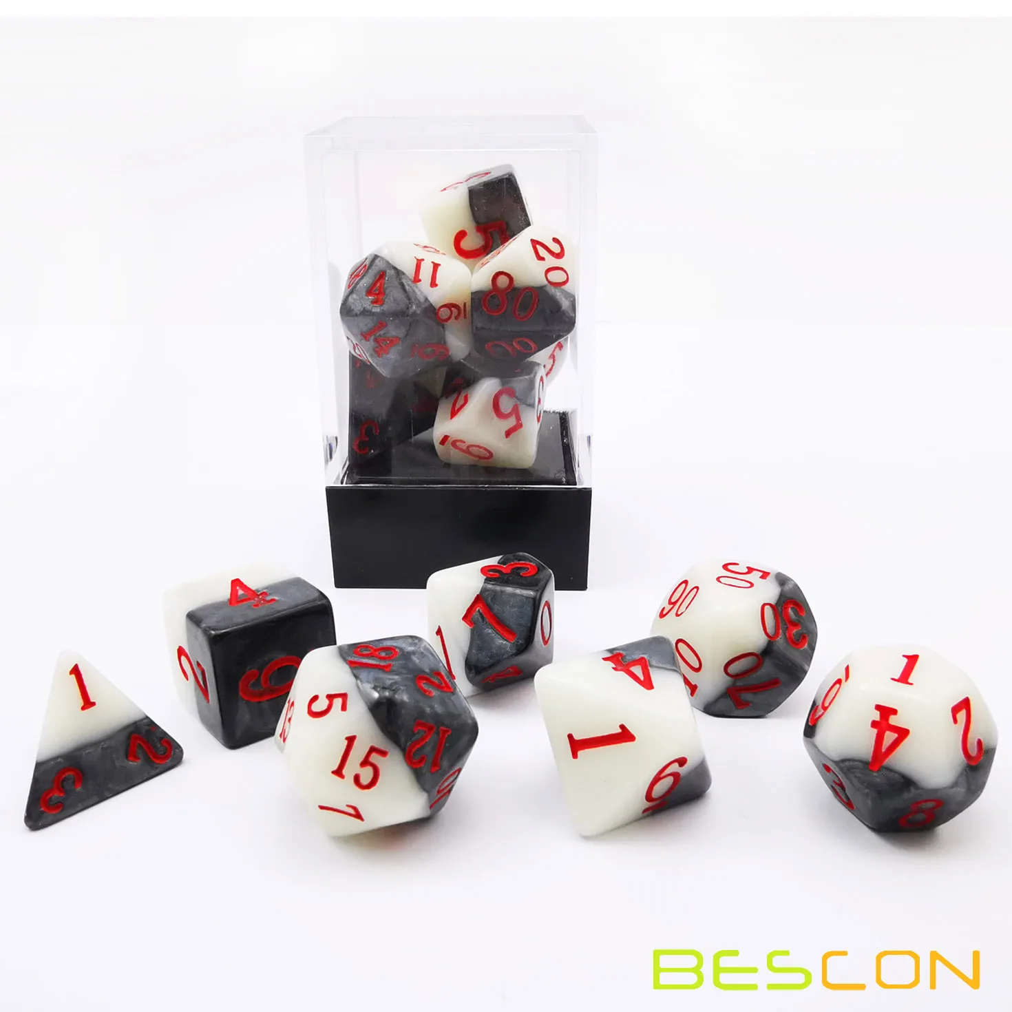 Bescon Two-tone Glowing Polyhedral Dice 7pcs Set Green Dawn, Luminous RPG Dice Set d4 d6 d8 d10 d12 d20 d%, Brick Box Packaging 6