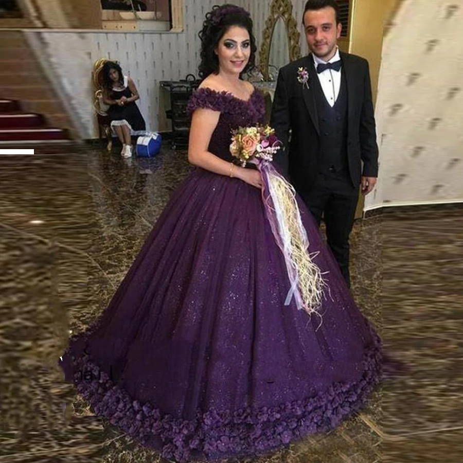 

Modest Bling Tulle Off-the-shoulder V-neck Neckline Floor length 3D Flowers Ball Gown Wedding Dress with Beading Lace-up Bridal