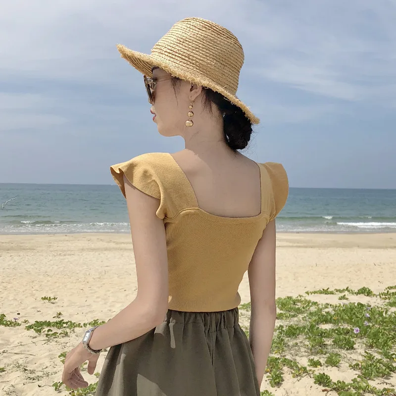 Женские майки Camis дизайн свободные гофрированные с коротким рукавом квадратный воротник короткие женские темпераментные топики футболки для женщин