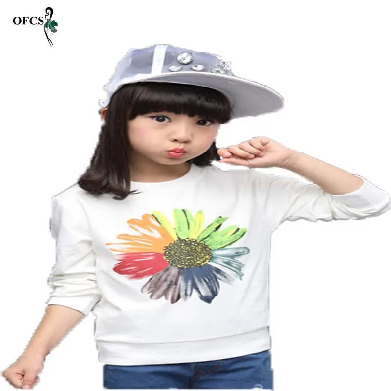 Hot Sale Girls Clothes Spring And Autumn T-shirt Floral Printed Cotton Fleece Children's Wear Long Sleeve For 3-15 Years Old
