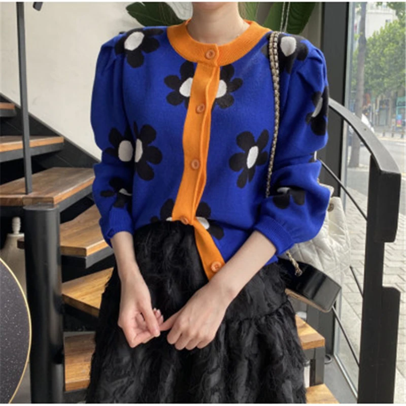 

New Women's Flowers Sweaters Fall Winter Casual Loose Hit Color Puff Sleeve Knit Cardigans For Female Fashion Colorful Outwear