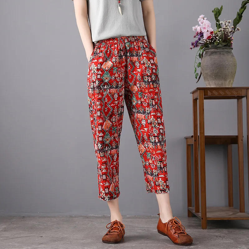 Original. Retro. Print. Cotton and linen pants. Summer new elastic waist casual pants. All-match pants. Harem pants women flower white capris Pants & Capris