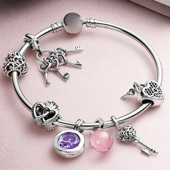

FAHMI 100% 925 Sterling Silver REGAL PATTERN HEART CHARM Interlocked Crown Hearts LOVE YOU LOCK Keys CHARM Good Bracelet Set