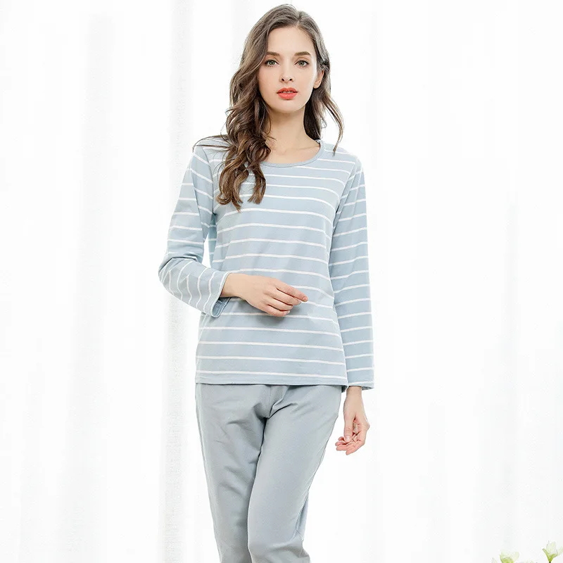 

2020 New Autumn and Winter Striped Fresh Pajamas Set Pure Cotton Thin Pajamas Women's Long Sleeve Loose Comfortable Homewear