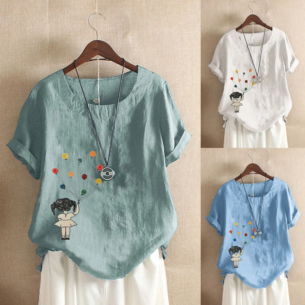 

Fashion Woman Casual Short Sleeve Cartoon Character Print Pattern Top Three Colors Style Soft Fabric Blouse