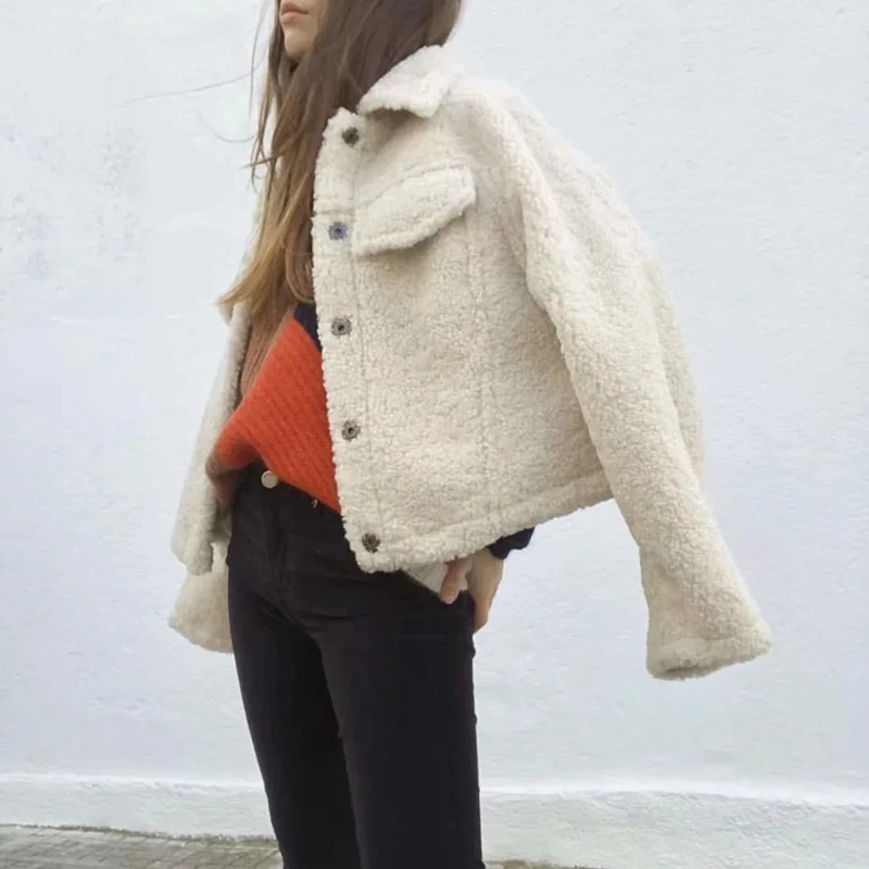 Ordifree Autumn Winter Lampswool Jacket Single Breasted Loose Fur Coat Casual Outwear