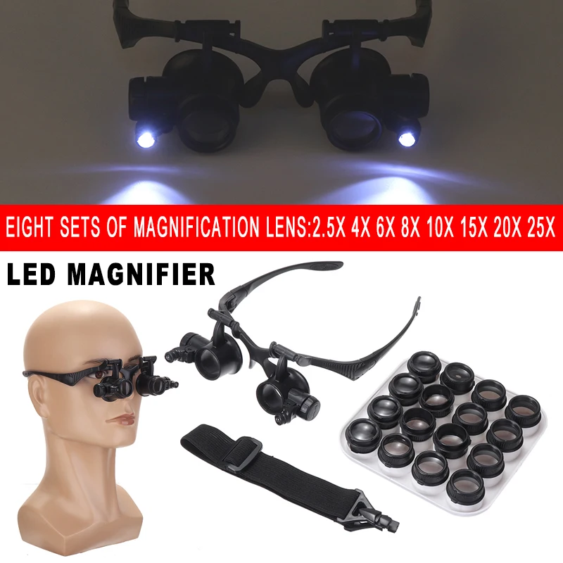 

Lighted Head Magnifier Double Eye Head Magnifying Glass Loupe Electronic Repair 2.5x 4x 6x 8x 10x 15x 20x 25x Reading Tool