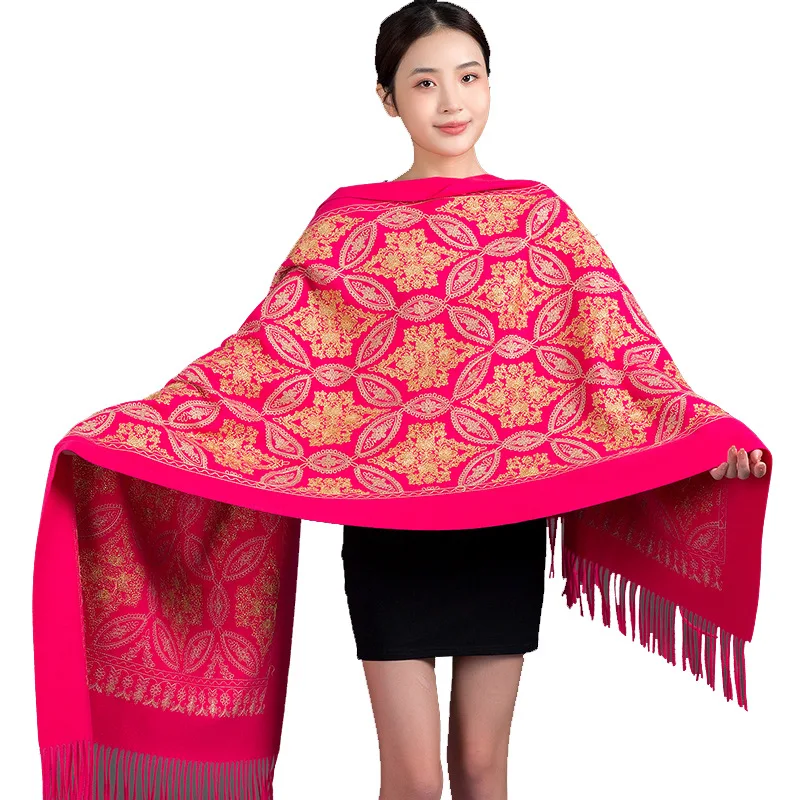 Autumn Winter New Cashmere Pashmina Scarves Female Warm Long Blanket Thick Shawls Travel All-match Gold Thread Embroider Wraps 5