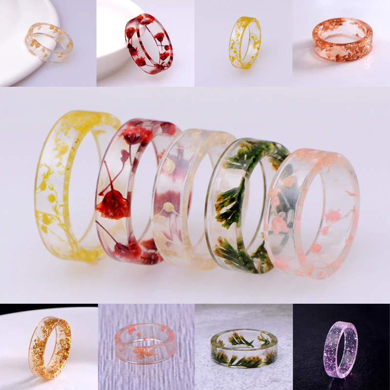 8 Colors DIY Dried Flowers Epoxy Ring Transparent Resin Ring Party Jewelry Cute Resin Rings For