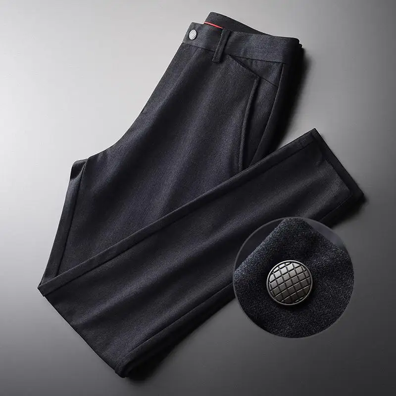 BLACK H-K18162 Minglu мужские брюки роскошные мягкие ткани простые повседневные мужские брюки осенние и зимние однотонные облегающие мужские брюки размера плюс 4XL - Color: BLACK H-K18162