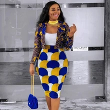 

2 Piece Women Set Dashiki African Long Sleeve Two Piece Set Crop Top Suits Midi Skirt Print Casual Outfit Africa Clothing