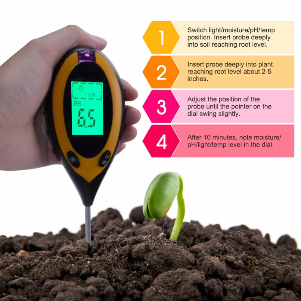 

4-In-1 Digital Plant Grain Soil Moisture Meter Planting Farming Sunshine Humidity Temperature PH Meter Hygrometer Thermometer