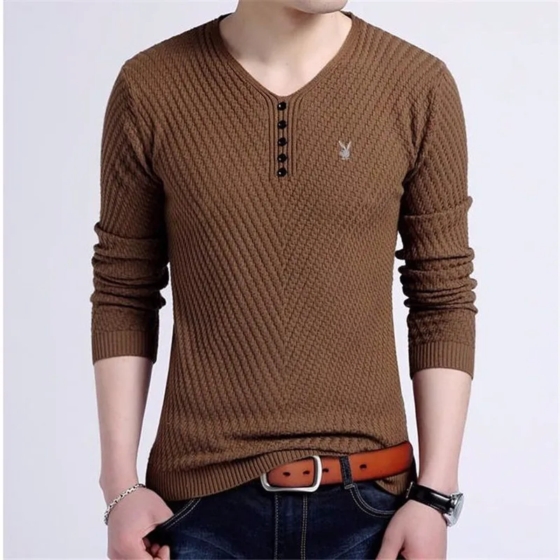 Sweater Men Casual V-Neck Pullover Male Autumn Slim Fit Solid Color Long Sleeve Shirt Sweaters Knitted Cashmere Wool Pull Homme