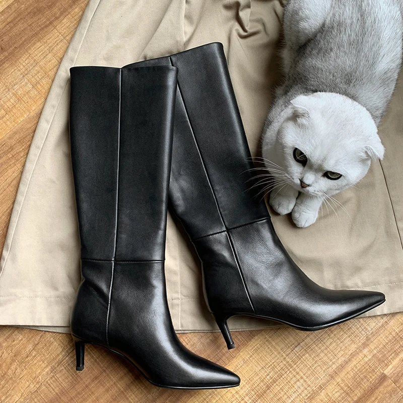 Taoffen Size 33-43 Women Genuine Leather Knee High Boots Pointed Toe Thin Heel Slip On Party Club Winter Ladies Footwear