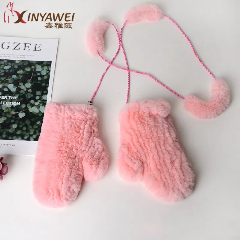 Pink Модные женские перчатки из натурального меха Рекс, меховые перчатки для девочек, настоящие зимние перчатки разных цветов на выбор - Цвет: Pink