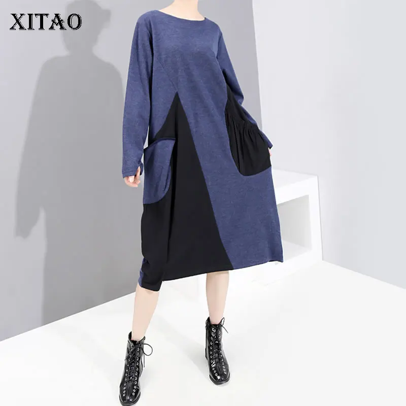 

XITAO Hit Color Patchwork Pocket Dress Women Clothes 2019 Fashion Loose Pleated Plus Size Pullover Elegant Dress New DMY1283