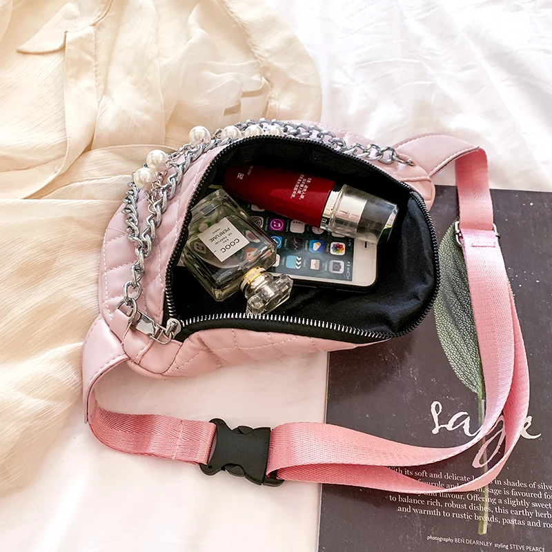Жемчужная цепочка кожаные поясные сумки женские роскошные брендовые дизайнерские черные розовые сумки для женщин модный пояс сундук сумка