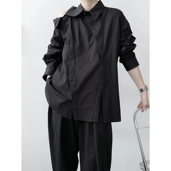 

Male Women Couple Streetwear Loose Shirt Stage Clothing Men Asymmetry Double Neckline Breasted Long Sleeve Casual Shirt