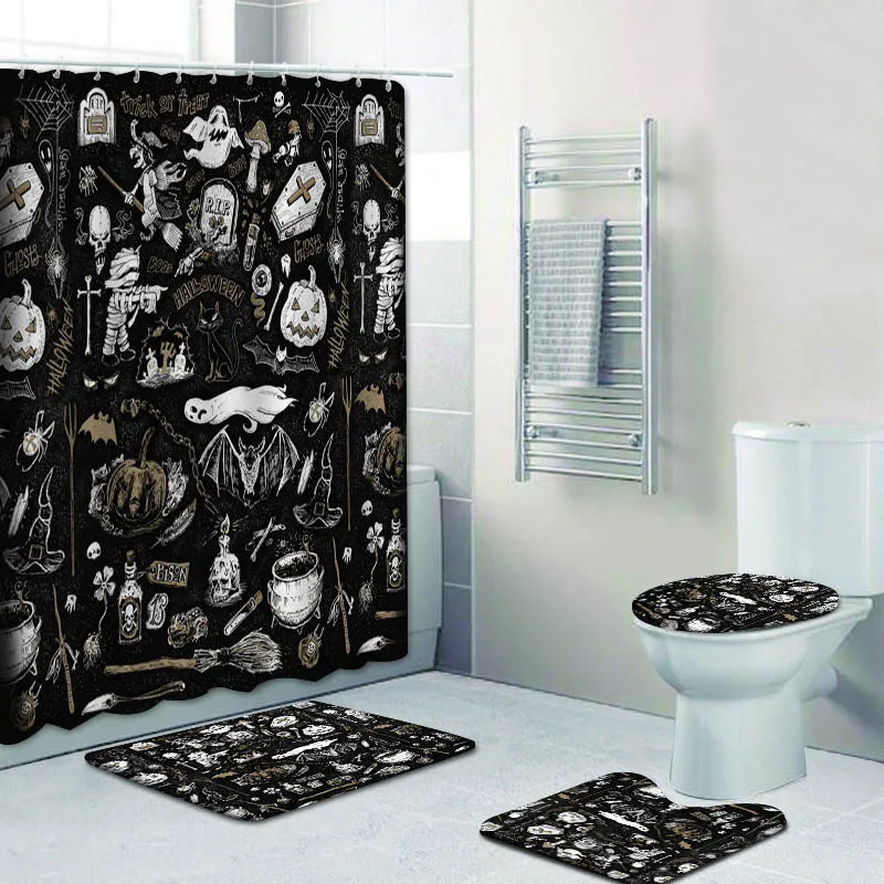 New Black Witchcraft Shower Curtain Set Broom Halloween Collage Bathroom Curtain Bath Mats Rugs Carpet Bat Ghost Home Decor Gift