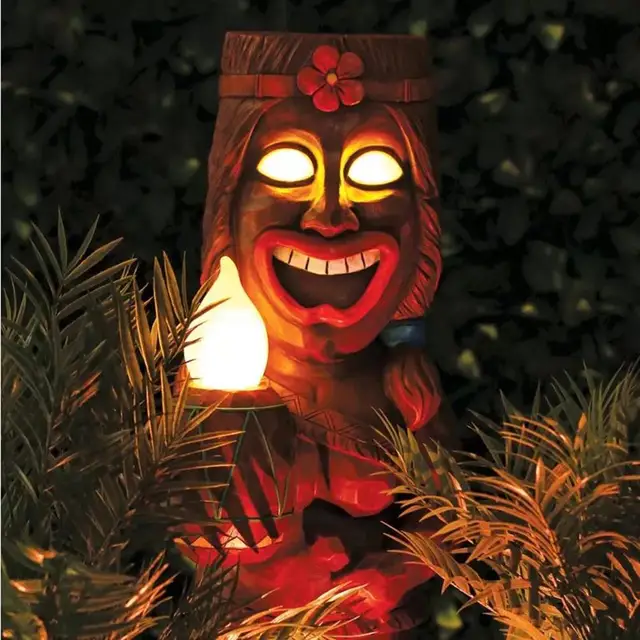 Napelemes Tiki Fáklya Szobor Szabadtéri Otthoni Dekoráció Kerti Figura Tornác Kézműves Terasz Vezetékes Gyanta Hawaii Totem - Image 4