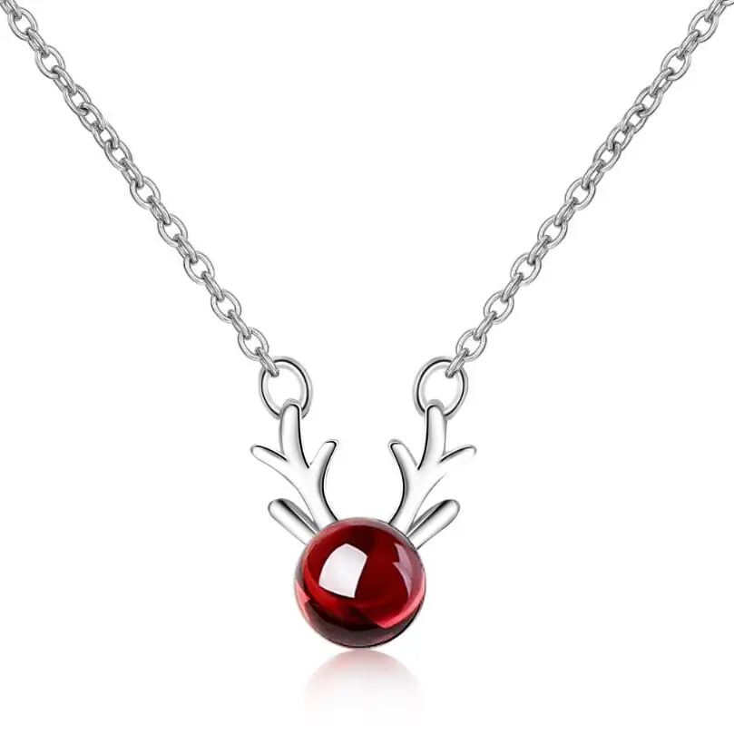 Красная имитация граната рога оленя подвеска ожерелья для женщин тренд короткая цепочка на ключицы 925 пробы серебряные ювелирные изделия SAN185