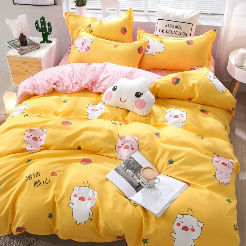 3/4pcs Cute Bedding Set Home Luxury Flat Polyester Cotton Bedsheet King Size Bedding Set Adult Girl Quilt Cover With Pillowcase