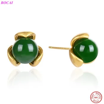 

BOCAI S925 sterling Silver ear studs Antique Jasper Thai silver Earrings 2020 Girls new Fashion ear popular jewelry for women