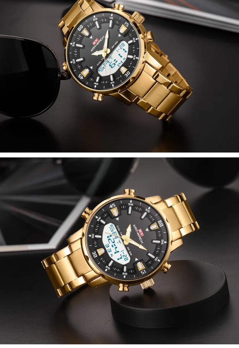 2021 Gold Wrist Watch Men Top Brand Waterproof Sports Digital Watches LED Steel Military Quartz Watch For Men Wristwatch Relogio
