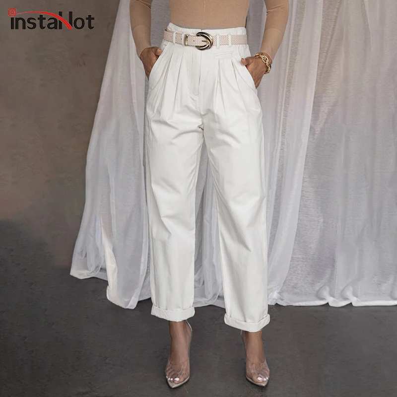 

InstaHot Autumn Women Casual Pant Trouser Straight Pant 2020 Elegant Office Lady Leisure White Pleated Loose Soft Pantalones