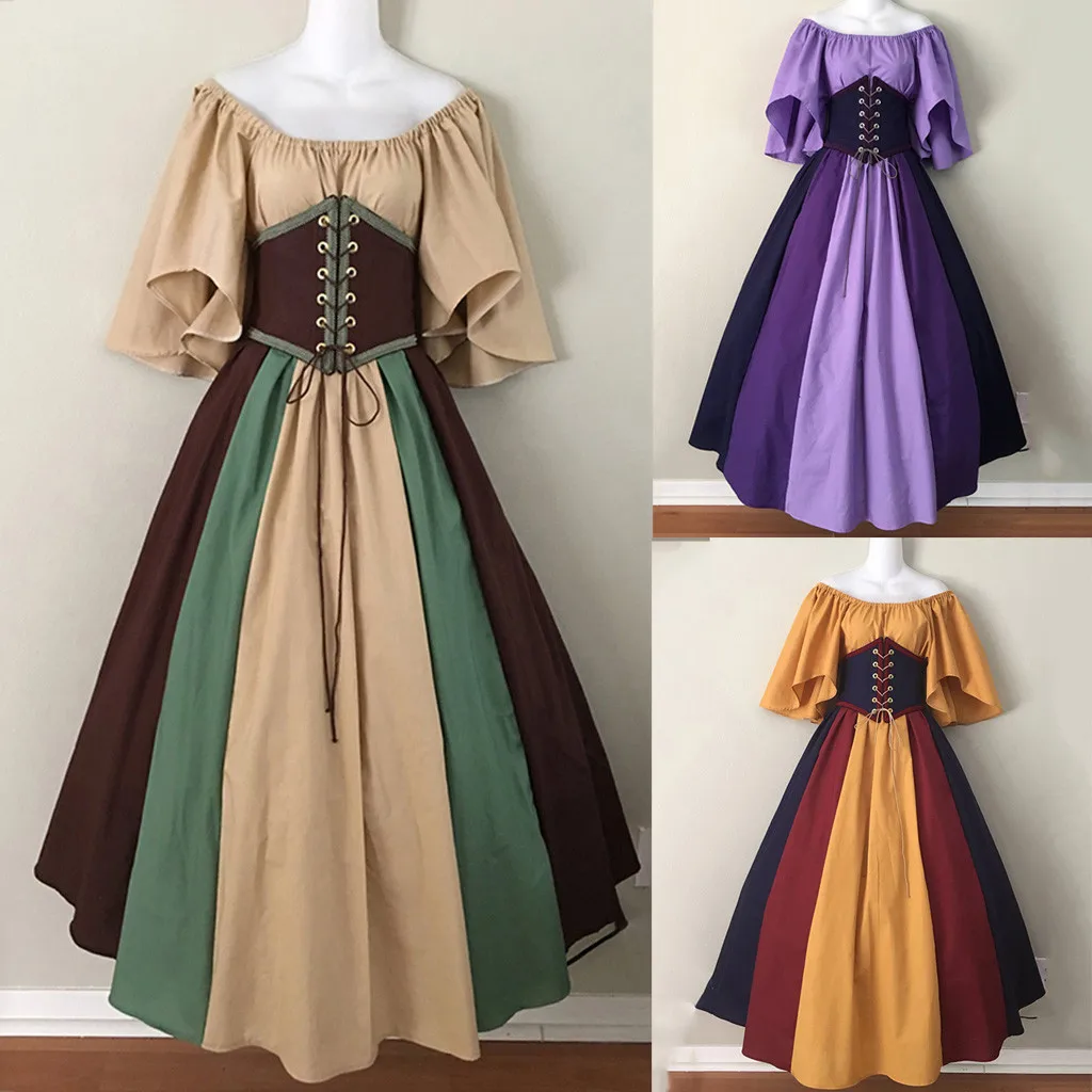 Модное Новое Женское средневековое винтажное готическое платье контрастного цвета, женские Лоскутные кружевные сексуальные платья с рукавом-лодочкой