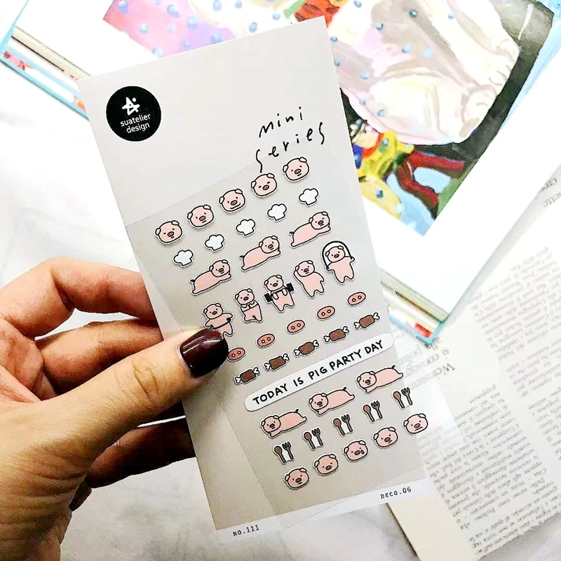 Suatelier Mini Series Stickers No.111 Pig Party Day Cute Scrapbooking Journal Sticker Planner Decoration DIY Craft Supplies