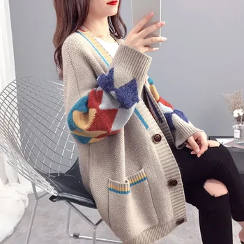 

Women Sweater 2020 Geometric Color Block Autumn Winter Fashion Button Pockets Casual Knitted Cardigan Academy Slim Sweaters
