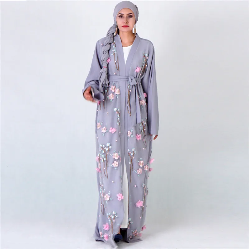 Элегантное кимоно абайя из бутика с 3D цветочной вышивкой Быстрая