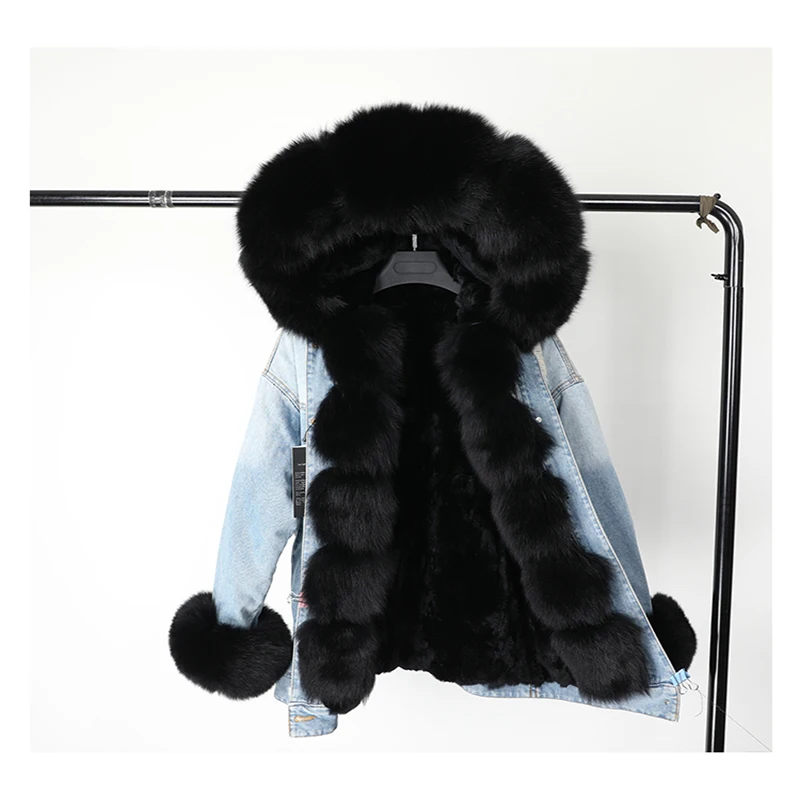

2019 Thick Warm denim jacket Women Real Fur Coat Winter Jacket natural Fox Fur Collar hooded rex rabbit fur liner Parka vintage