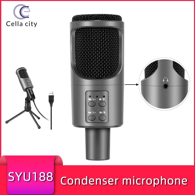 

CELLA CITY USB Professional Condenser Microphone Live Streaming PC Gaming Pro Recording Equipment Desktop Mic Vedio Chatting