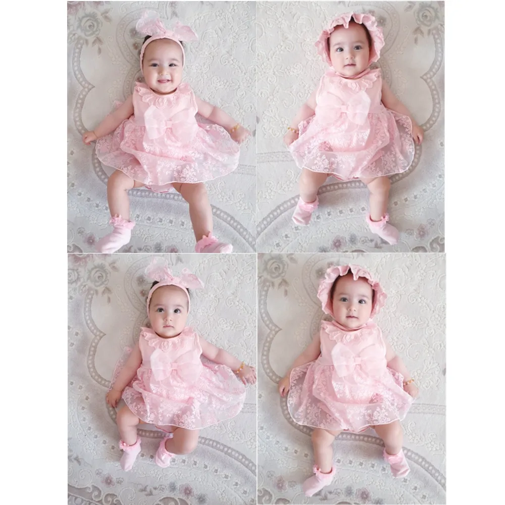 

2020 New Summer Baby Dresses Newborn Baby Lace Bow Princess Dress For Baby 1st Birthday Dress+Headband+Hat +Socks Kids Clothing