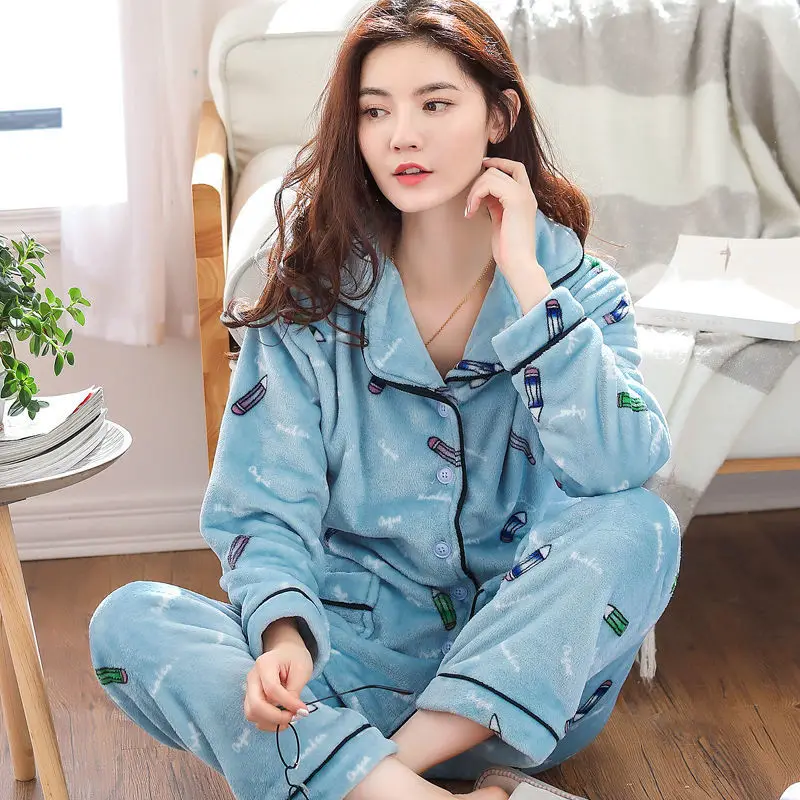pijamas women sets Женская одежда для сна, плотная Осенняя пижама с длинным рукавом, женская зимняя теплая пижама с принтом, Женская Фланелевая пижама больших размеров, Femme 2 Pic - Цвет: pijamas women sets