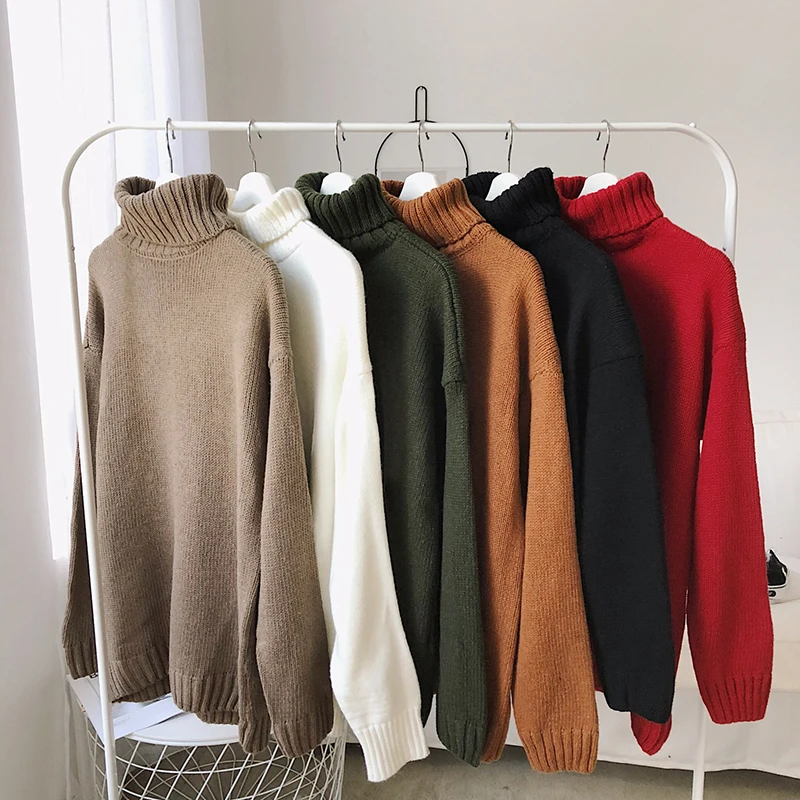 Skup Zimowy gruby Sweter z wysokim kołnierzem mężczyźni ciepła moda jednokolorowe dzianinowe swetry człowiek dziki luźny Sweter mężczyzn Sweter ubrania M 2XL