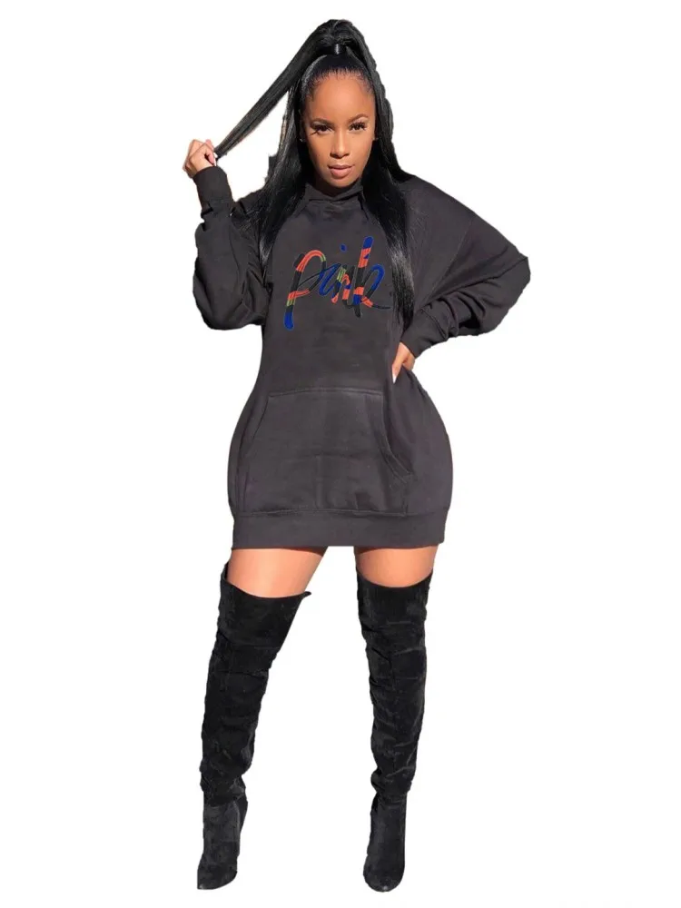 Skirt2020 New Solid Color Embroidered Letters Hooded Sweater Casual Fashion All-match Warm Women's Long Sweater